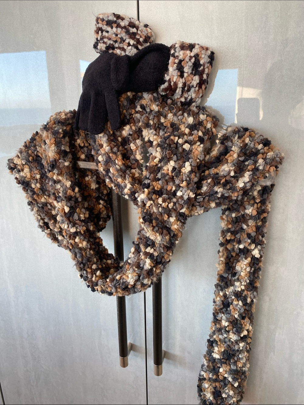 Chunky Bouclé Scarf with Black Gloves - Neutral Multi